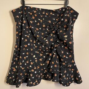 Black Floral Ruched Ruffle Skirt 4XL SHEIN